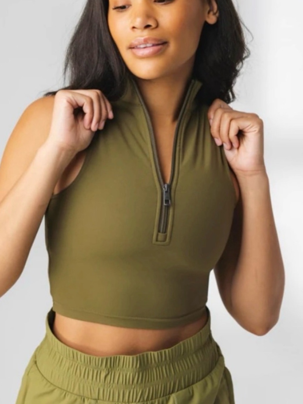 #96 Balance Athletica Olive Zip-Front Mock Neck Crop Top